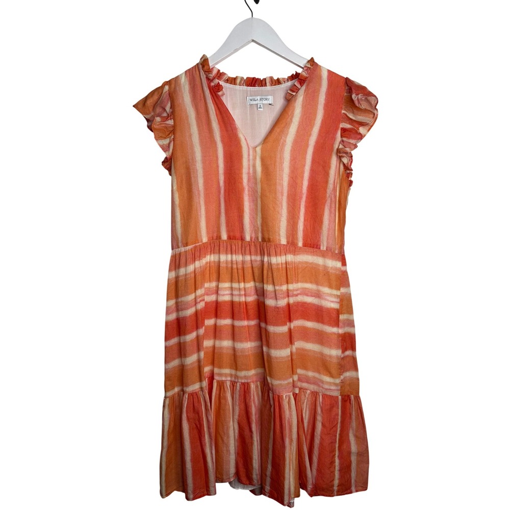 Willa Story Striped Tiered Mini Dress Women S Orange Excellent Ruffle V-Neck